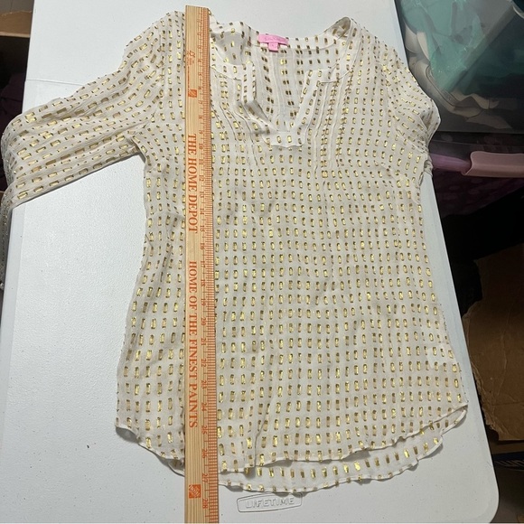Lilly Pulitzer Cream Gold Colby Silk Metallic Dot Sheer Blouse Large B - Picture 7 of 8